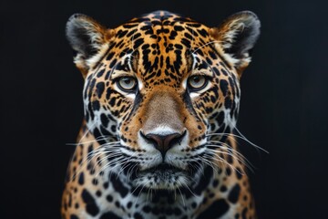Detailed close-up of a leopards face against a black backdrop, showcasing its distinctive markings and intense gaze.