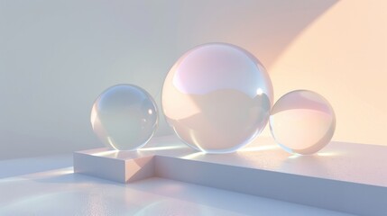 Three glass balls are displayed on top of a plain white surface. Background. Wallpaper.