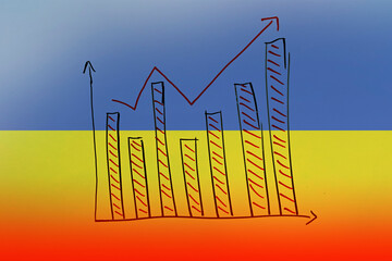 Ukraine bar chart graph with ups and downs, Ukraine country flag with bar graph, developing and