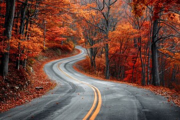 Naklejka premium Curved Road Amidst Brilliant Autumn Foliage