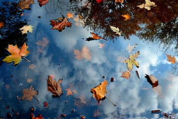 Autumn Leaves Floating on a Reflective Water Surface