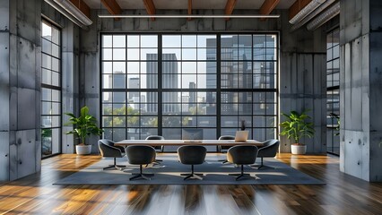 Virtual background featuring open office space with large windows for Zoom. Concept Virtual Backgrounds, Office Environment, Large Windows, Zoom Video, Professional Setting