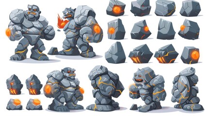 Characters of stone and lava golems in different poses isolated on white background. Modern cartoon set of big giant angry and sleeping. Fantasy monster from gray rock with big fists.