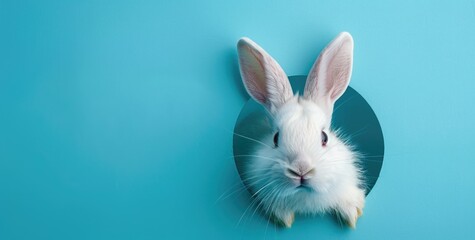 White rabbit peeking out of hole in wall