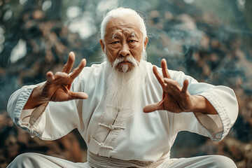 very old chinese kung fu master makes traditional tai chi or qigong, meditation, old medicine from china for healt and vitality