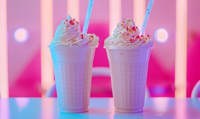milkshakes with straws in an american diner each in a waffle glass cup, Generative AI