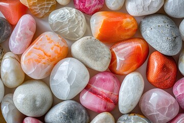 Numerous different colored rocks arranged closely together in a detailed close-up shot.