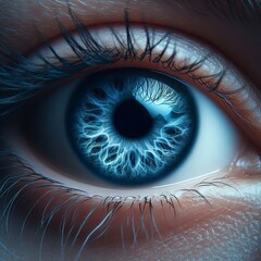 A detailed close-up image of a person''s eye with a striking blue iris is depicted.