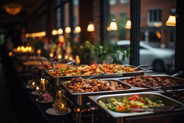 Diverse buffet line serving variety of food options