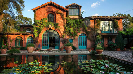Fototapeta premium Charming brick villa with turquoise doors reflected in a tranquil pond with lily pads