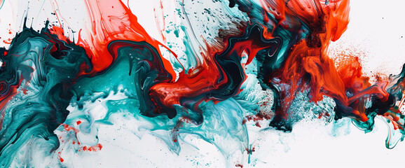 Dynamic splashes of fiery red and cool teal intertwining on a white backdrop, forming abstract...