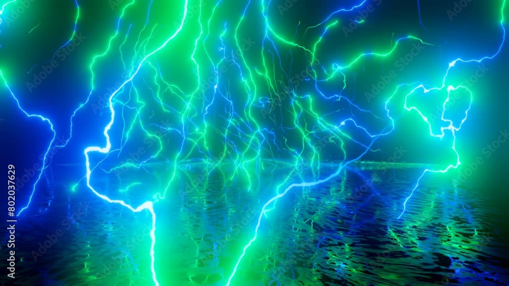 Poster neon design of wall pattern of neon lightning. 4k video with various neon elements and a reflecting 