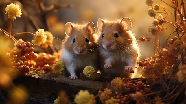 Two little hamsters are sitting on a stone in the garden and looking around.