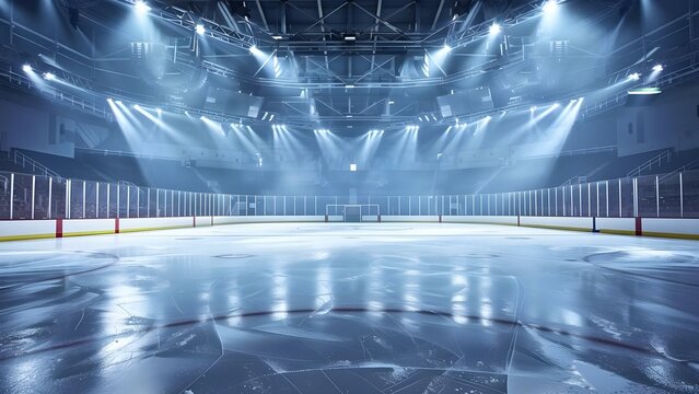 Empty hockey arena with bright lights ready for a game . Concept Sports Photography, Hockey Arena, Bright Lights, Game Ready, Empty Arena