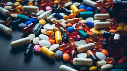 An array of multicolored pharmaceutical pills and capsules, including opioids, vitamins, and a variety of medicines, scattered across a surface, representing healthcare and medication diversity