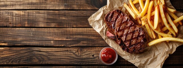 Steak, french fries, and ketchup on cutting board