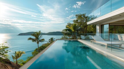 Fototapeta premium A large pool with a glass railing overlooking the ocean