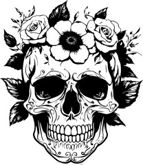 Vintage & modern human skull floral art icon isolated on white background