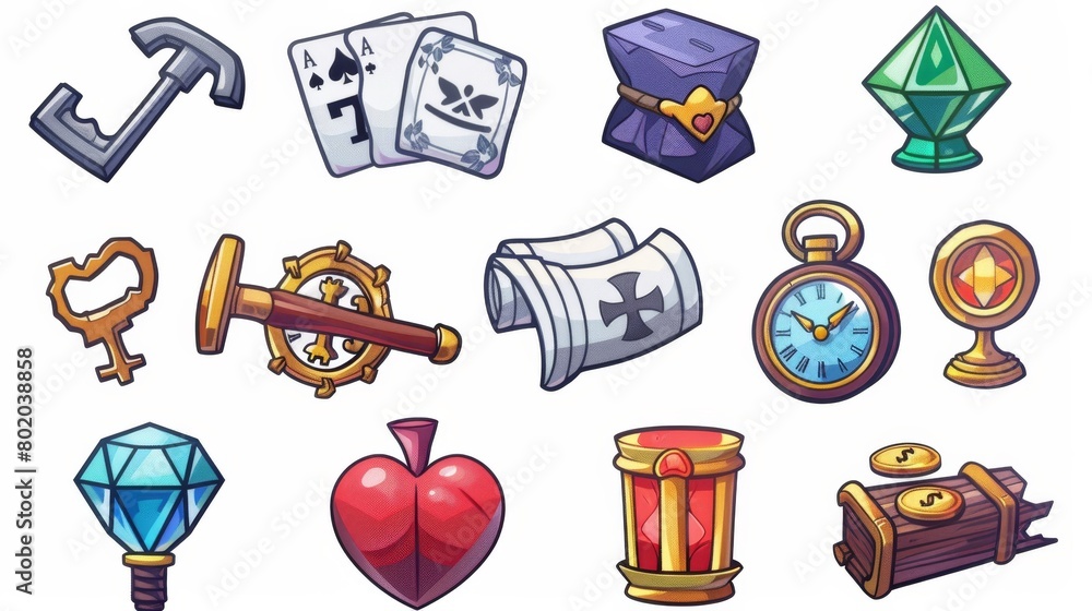 Poster modern cartoon set of symbols for gui of a computer or mobile rpg game. the set includes key, clock,