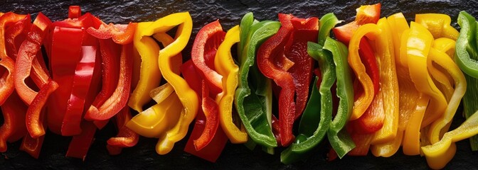Row of sliced bell peppers of different colors on the kitchen table