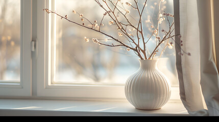 White flowers in a vase on a white background in a room. current interior decoration. Generative AI
