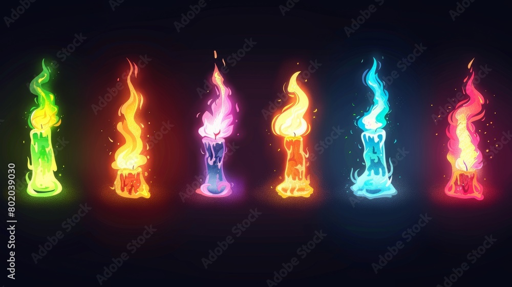 Poster animation of burning candles in candlesticks, with glowing lights, isolated modern illustration of a