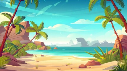 An exotic vacation scene with a tropical bay and palm trees on the shore. Modern illustration of a summer seascape with sand beach and lagoon.