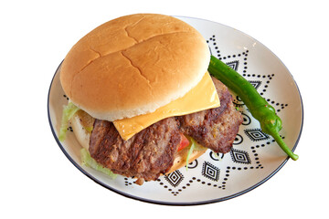 Pork burger on decorated plate on wooden textured table