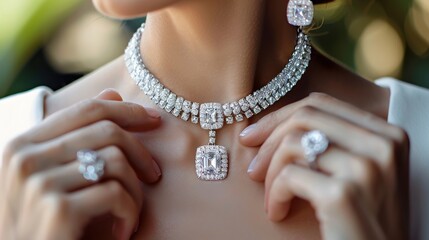 A woman is wearing a diamond necklace and diamond earrings. She is holding the necklace with her right hand and the ring on her right hand is visible