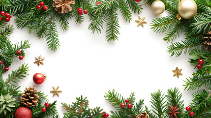 Merry Christmas banner with blank space for text, white background, giftboxes, fir tree branches and red ornaments. Winter holidays background.
