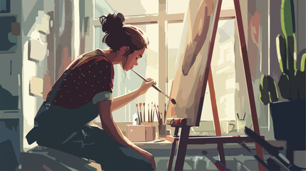 Female artist painting picture while sitting on window - Powered by Adobe