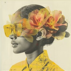 Double exposure portrait of beautiful woman with flowers in her hair. Retro style.