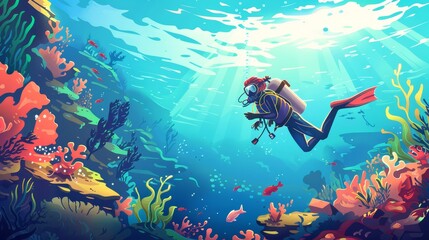 A 2D underwater landscape with a scuba diver woman exploring the sea bottom in her diving mask. The background is animated with separated layers in the style of a cartoon modern illustration.