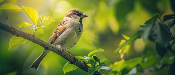 sparrow perched on a green tree
