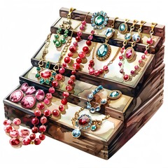 An exquisite collection of handcrafted necklaces and earrings, made with shimmering gemstones and lustrous pearls, displayed on a wooden shelf