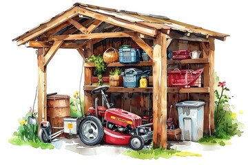 A watercolor painting of a wooden garden shed sublimation
