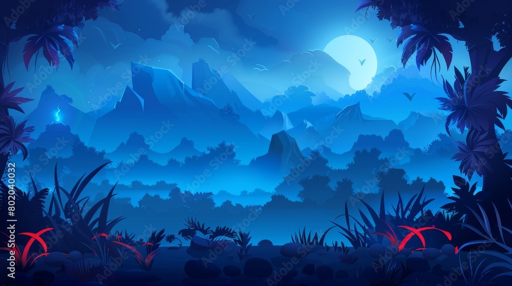 Poster cartoon 2d platform game background. dark forest with creepy trees and mountains. fantasy world ui d