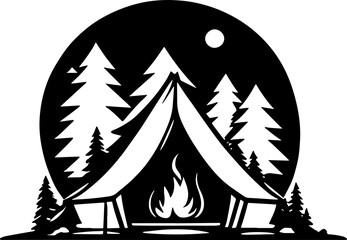 Outdoor camping icon for graphic design Tourist tent, forest, camp, trees, Camp badges, & labels