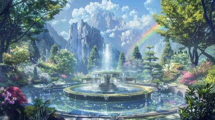 A serene landscape painting featuring a serene garden with a bubbling fountain in the center. The waters of the fountain contain the . .