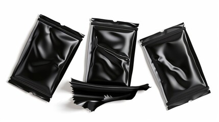 Wet wipes in black sachets. Modern realistic mockup of 3D torn foil packages with facial napkins. Blank pouches, plastic packets of different sizes isolated on a white background.