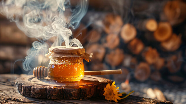 Bee smoker with honey on wooden background
