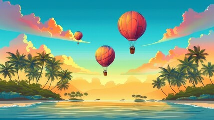Cartoon modern background with hot air balloons in a dusk sky above tropical island with palms in the ocean. Beautiful summer landscape with separated layers for video game animation. Parallax