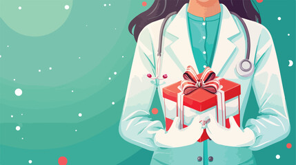 Female doctor in medical gloves holding gift box 