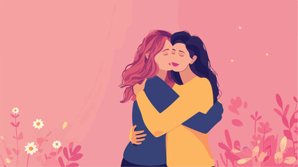 Female friends hugging on pink background Vector style