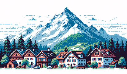 beautiful scene village with background mountain and forest pixel art illustration