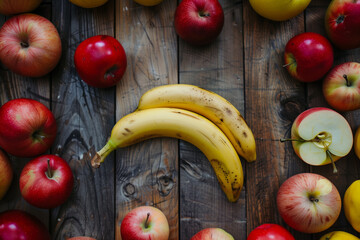 Zwei Bananen umrandet von Äpfeln - obrazy, fototapety, plakaty