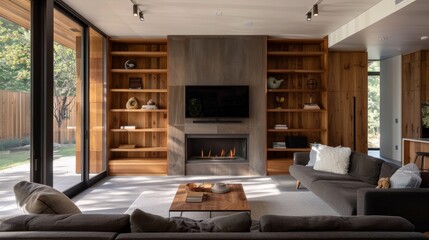 Obraz premium The wood paneled shelving surrounding the fireplace adds a touch of rustic charm to the modern living space. 2d flat cartoon.