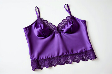 Smooth, soft, purple satin fabric woman's camisole with lace trimmings, women's lingerie clothing product isolated on white background. Sensual, sexy, feminine, lacy undergarment wear for ladies.