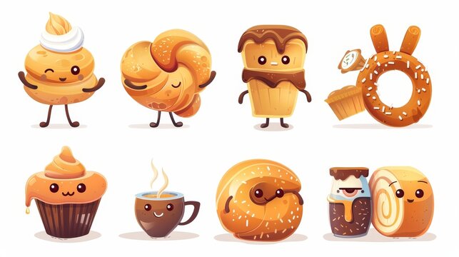 Cute Cartoon Bakery Characters, A Croissant, A Bun, A Cinnamon Roll And A Chocolate Chip Cookie With Pretzel, Muffin With Coffee, Loaf With Honey Jar, Patty With Roll, And Two Other Confectionery