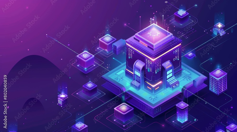 Poster business management system isometric landing page, building automation, computer-based control syste